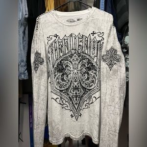 Affliction Cross Print Long Sleeve Mens Shirt Made in USA Grey Size Large